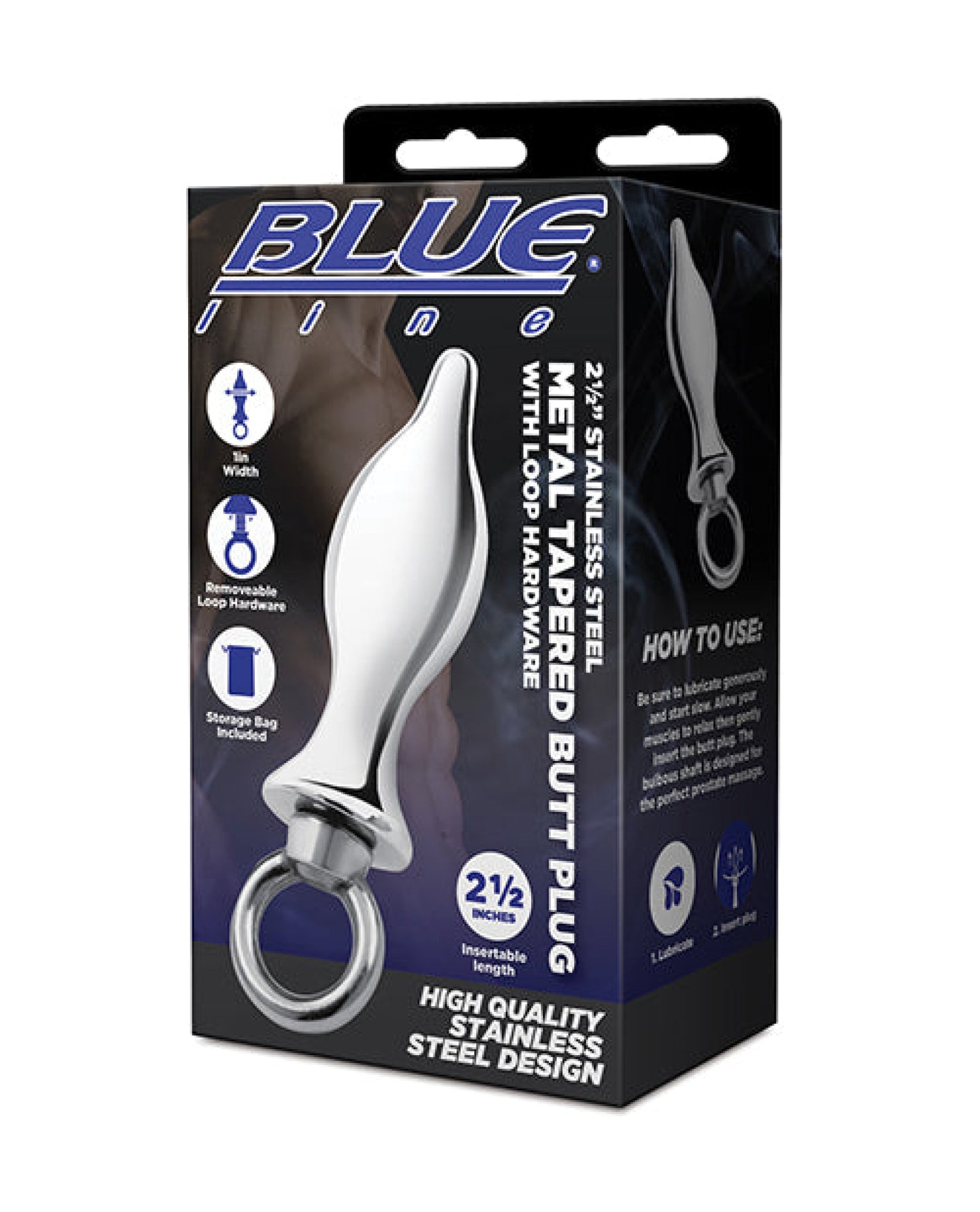 Blue Line 2.5" Stainless Steel Metal Tapered Butt Plug With Loop Hardware Electric Eel INC