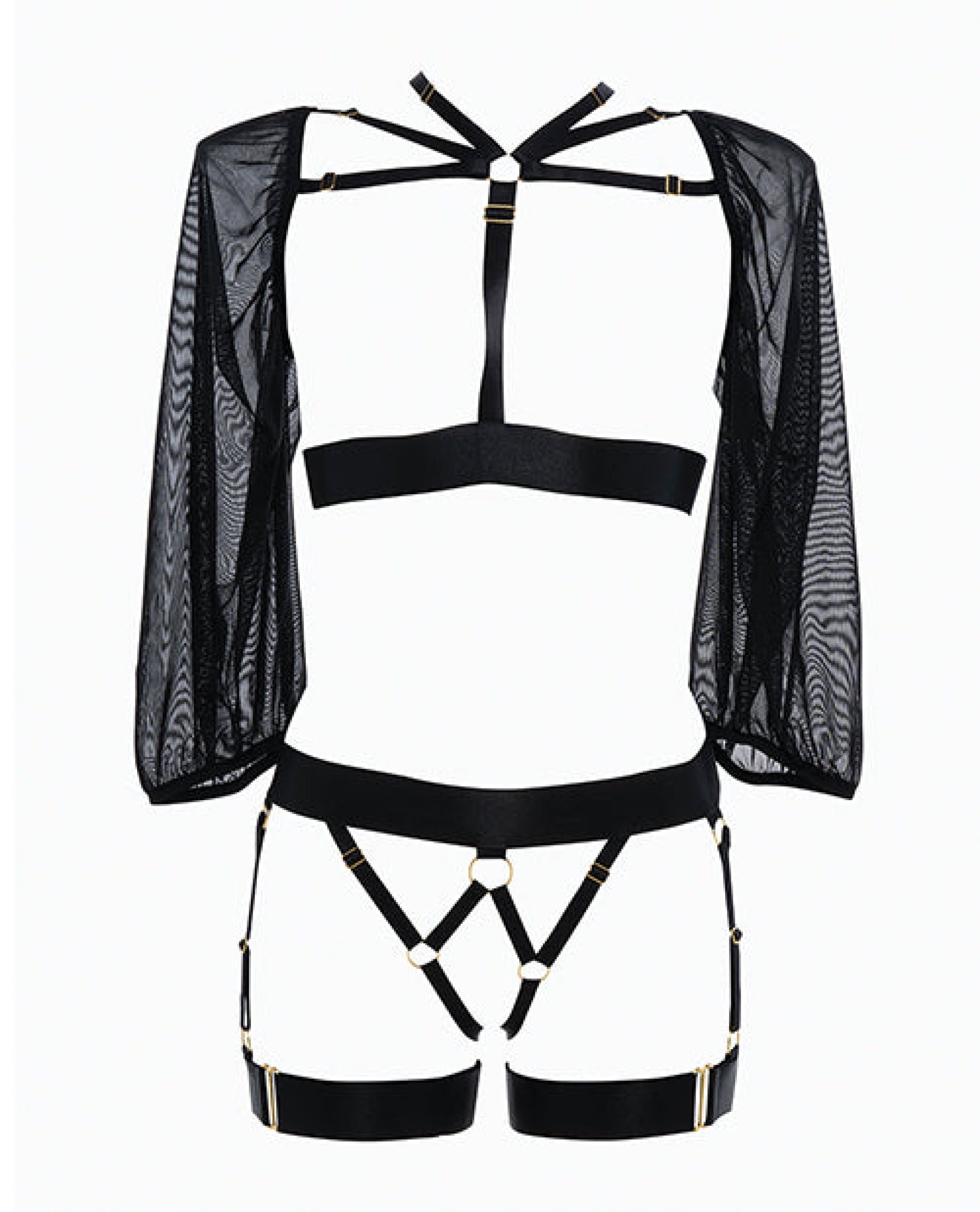 Adore Ibiza Babe Strappy Open Front Bodice W/mesh Sleeves & Open Gartered Panty Black O/s Allure