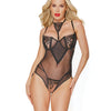 Black Label Sheer Stretch Nylon Crotchless Teddy W/removable Choker Black Coquette