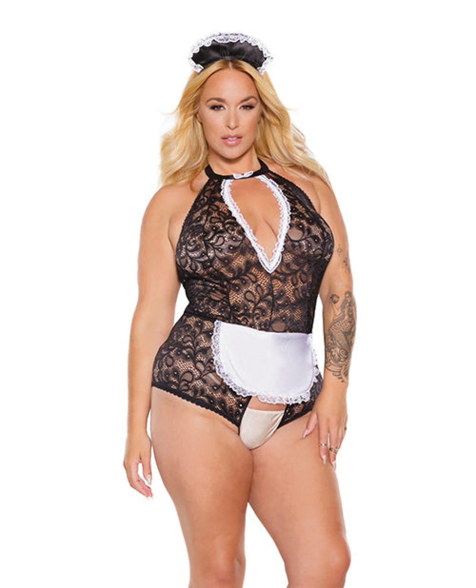 Scallop Stretch Lace Crotchless Maid Teddy W/headpiece Black/white Os/xl Coquette