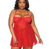 Holiday Scallop Stretch Lace & Mesh Babydoll & Thong Red/gold Coquette