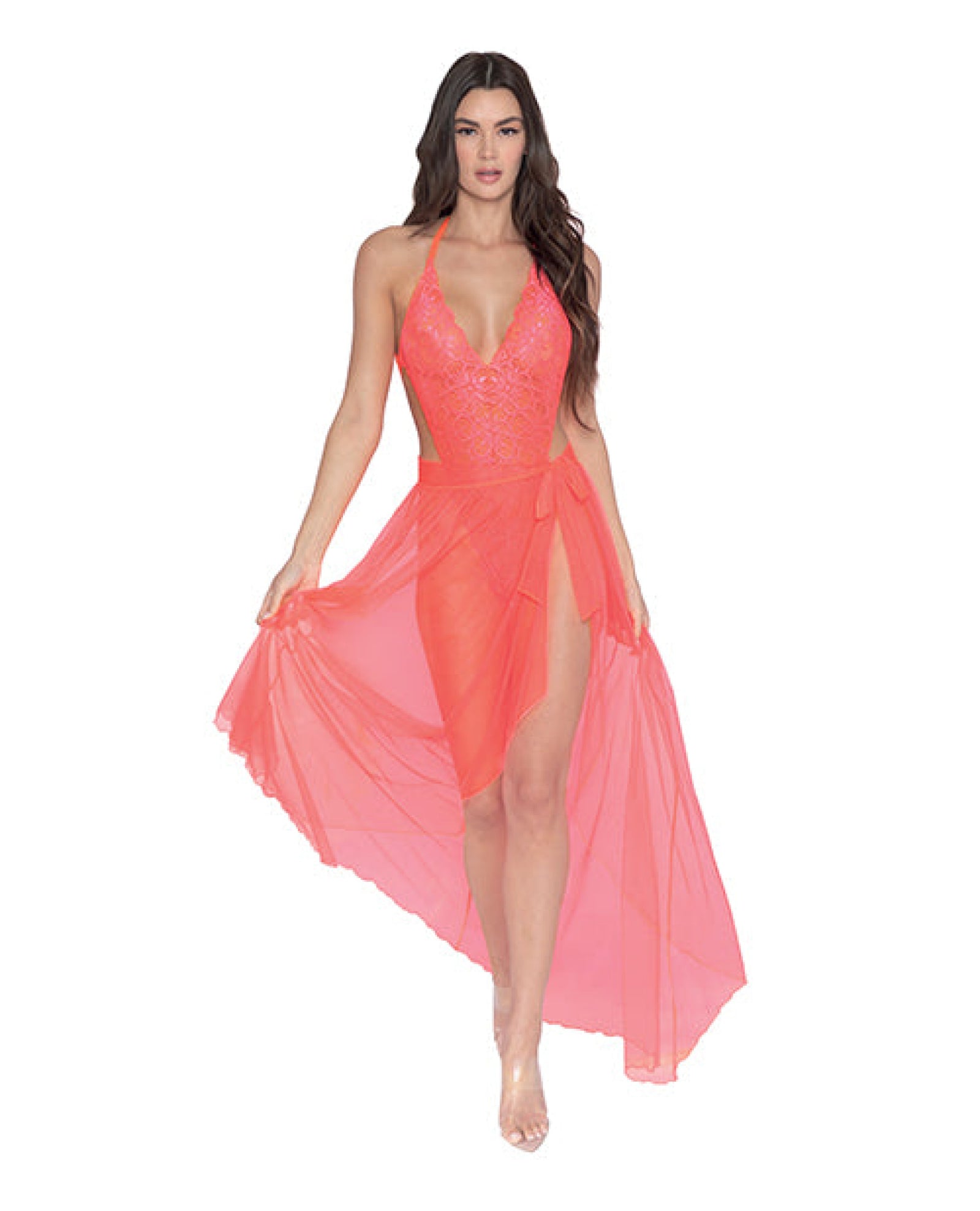 Simply Sexy Stretch Lace Teddy & Sheer Mesh Maxi Skirt W/adjustable Straps & G-string Coral Dreamgirl