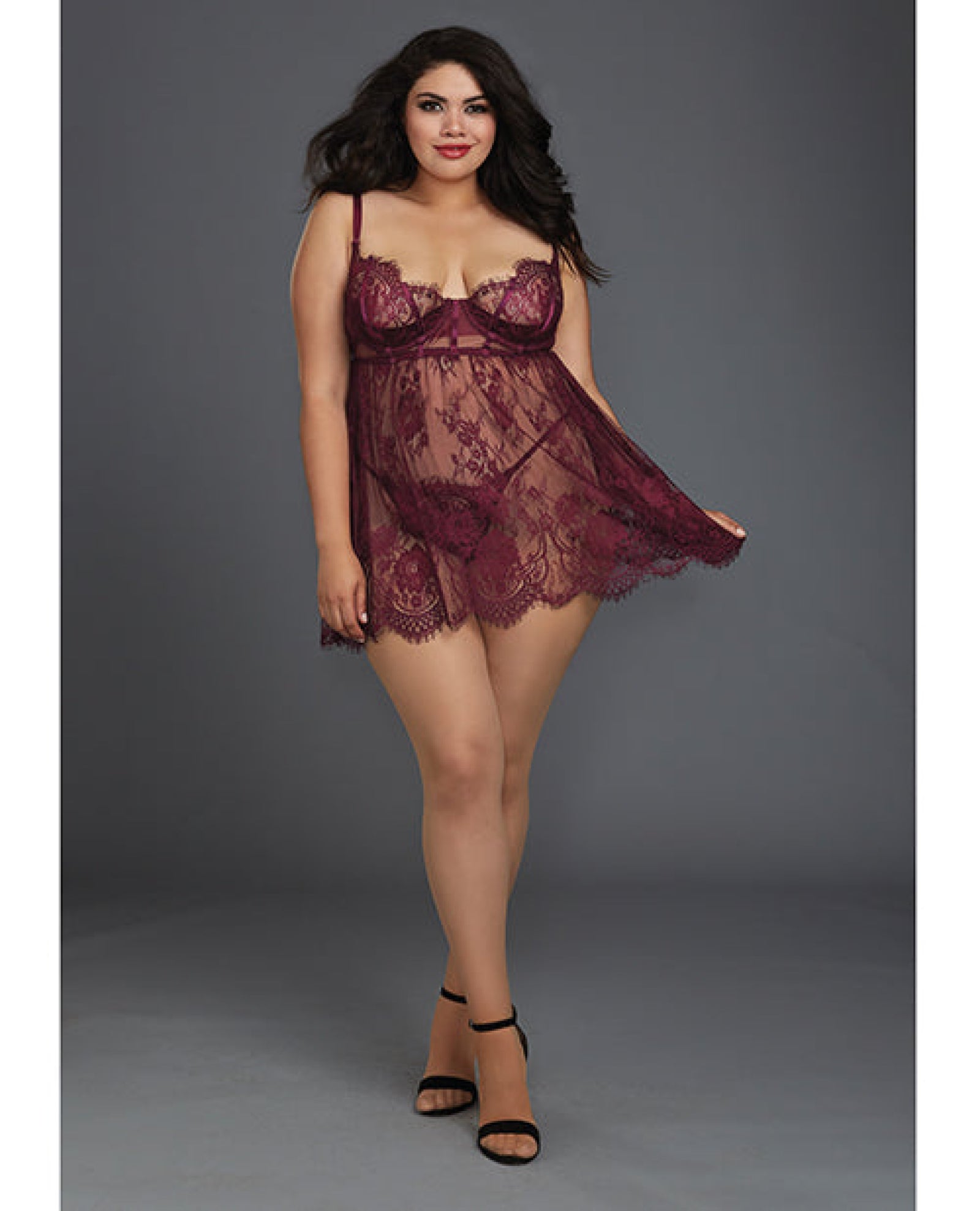 Eyelash Lace Babydoll W/underwire Cups & Lace Thong Dreamgirl