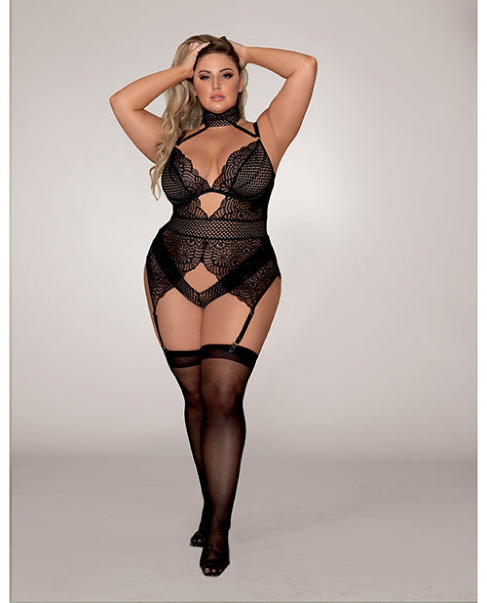 Scalloped Stretch Lace, Snap Crotch Gartered Teddy Black Dreamgirl