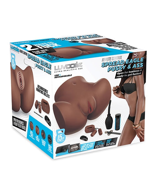 Luvdolz Remote Control Rechargeable Spread Eagle Pussy & Ass W-douche - Mocha Luvdolz