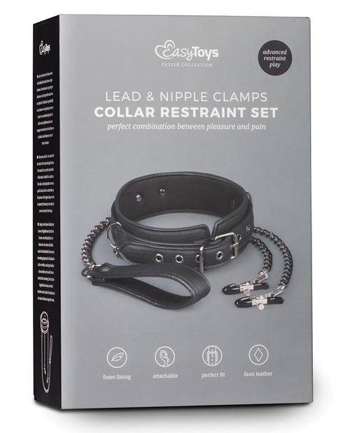 Easy Toys Faux Leather Collar W-nipple Chains - Black Easy Toys