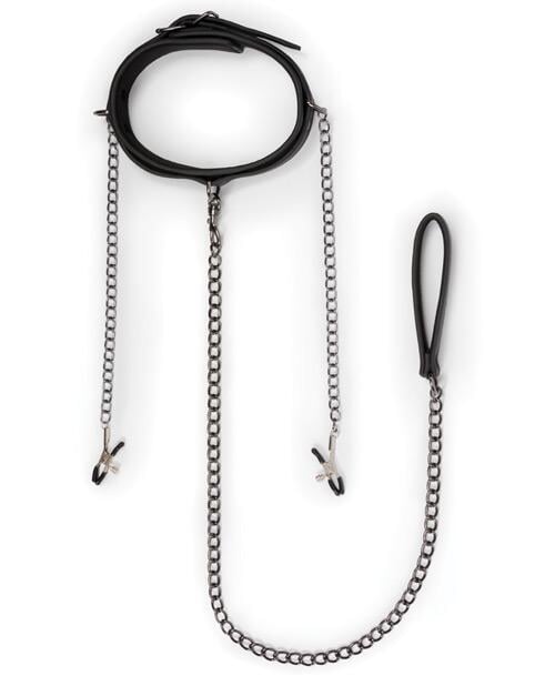 Easy Toys Faux Leather Collar W-nipple Chains - Black Easy Toys