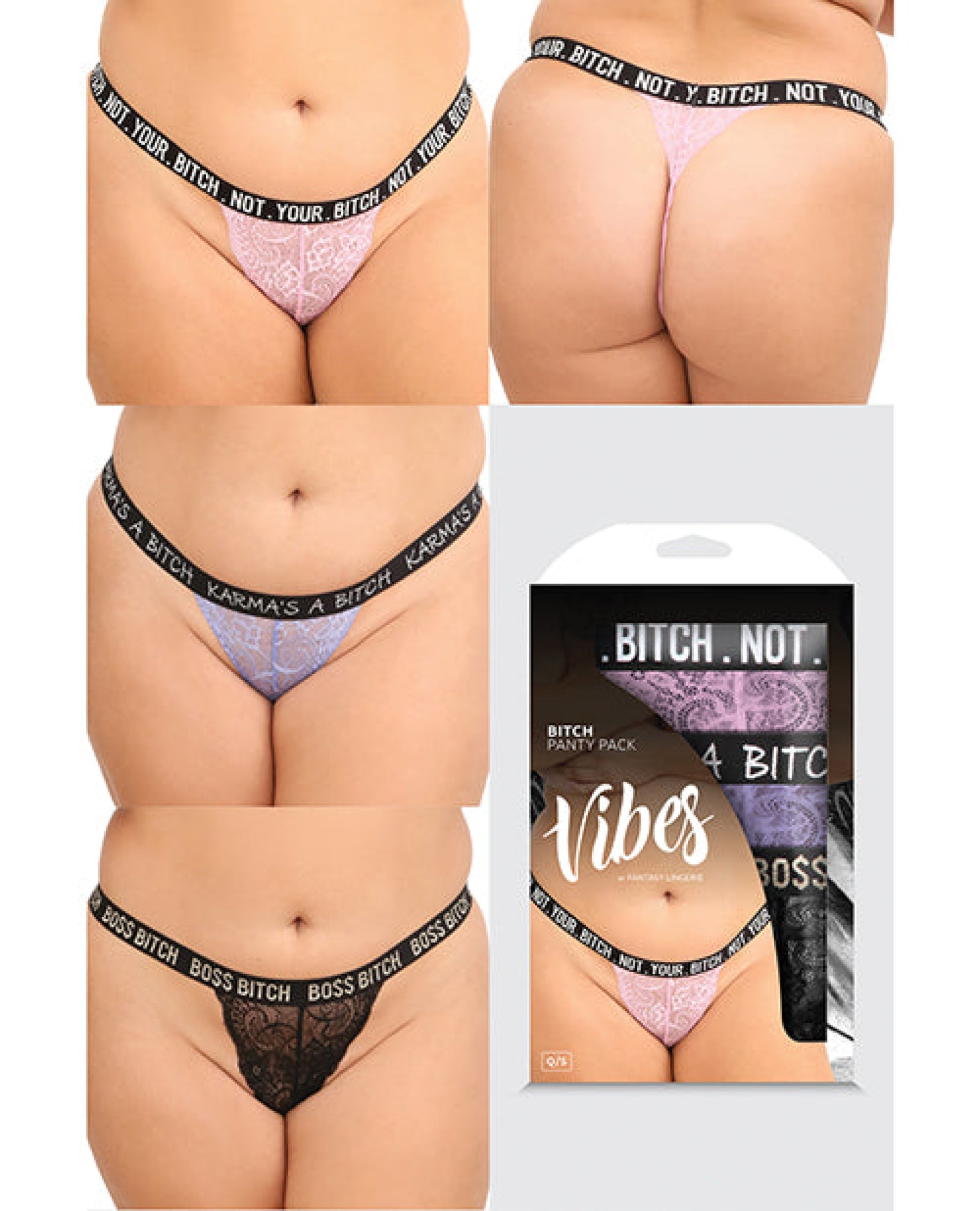 Vibes Bitch 3 Pack Lace Panty Assorted Colors Qn Fantasy Lingerie