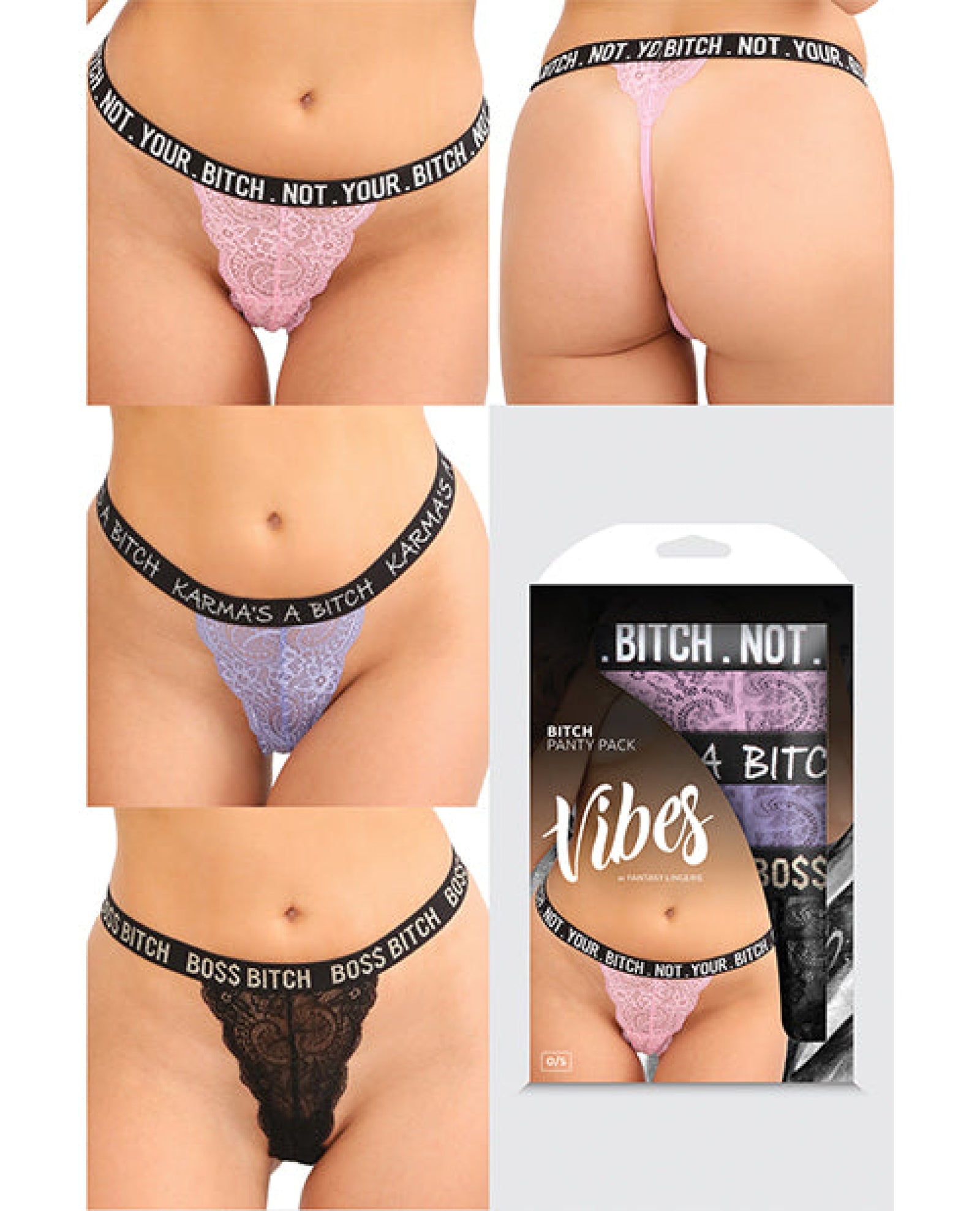 Vibes Bitch 3 Pack Lace Panty Assorted Colors O-s Fantasy Lingerie