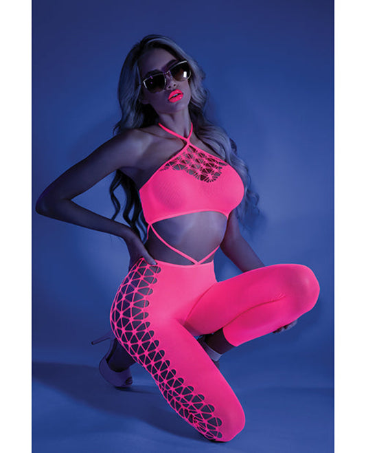 Glow Black Light Cropped Cutout Halter Bodystocking Neon Pink O-s Fantasy Lingerie 1657