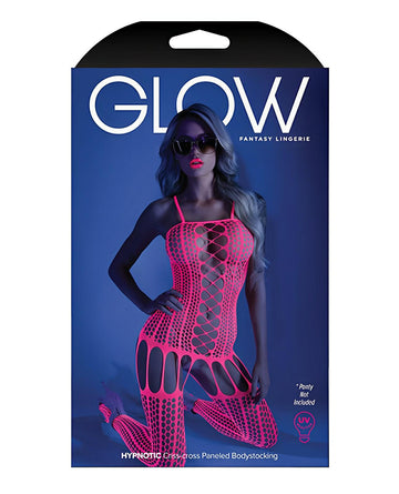 Glow Black Light Criss Cross Paneled Bodystocking Neon Pink O-s Fantasy Lingerie