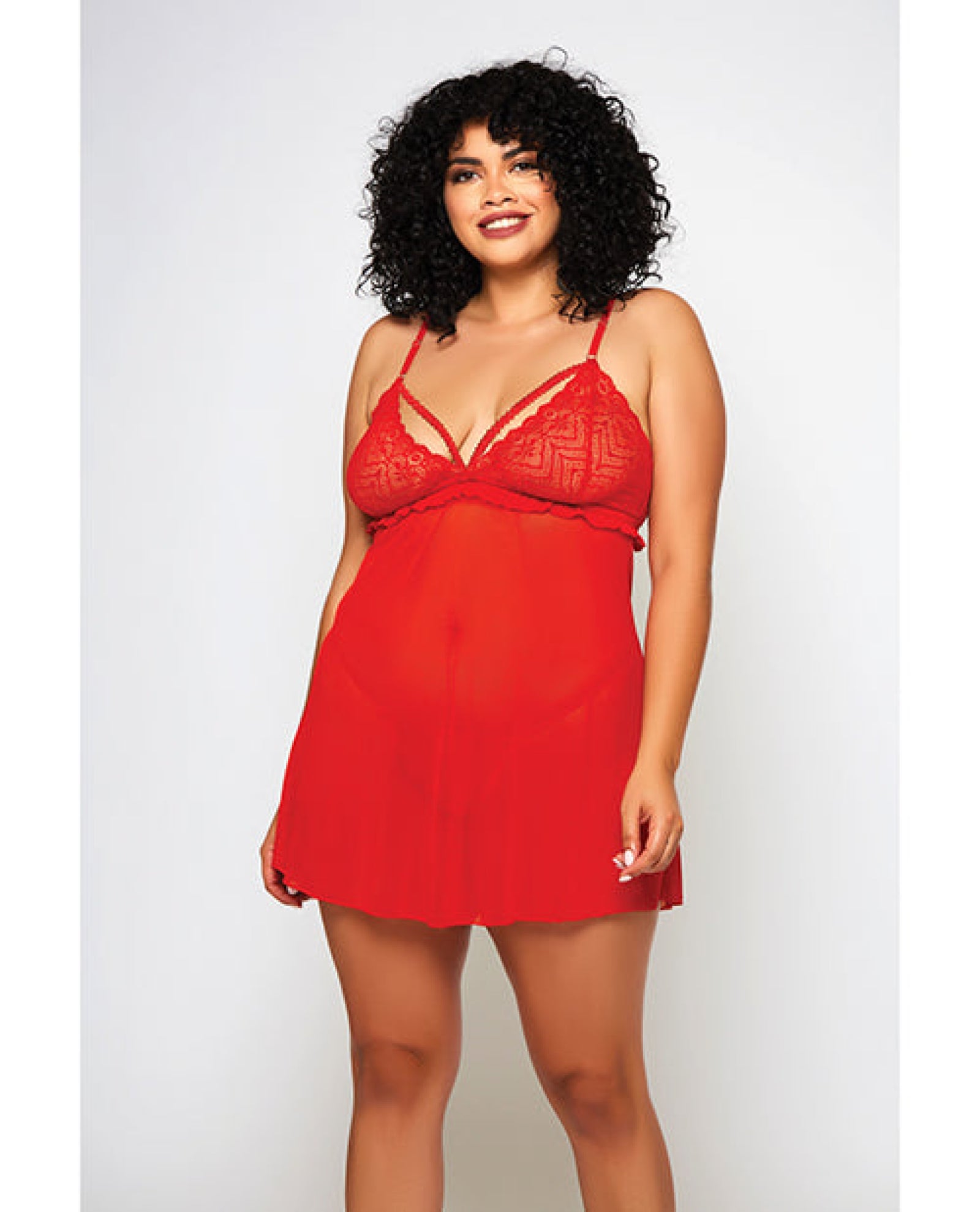 Galloon Lace & Fine Mesh Babydoll & G-string Red Icollection