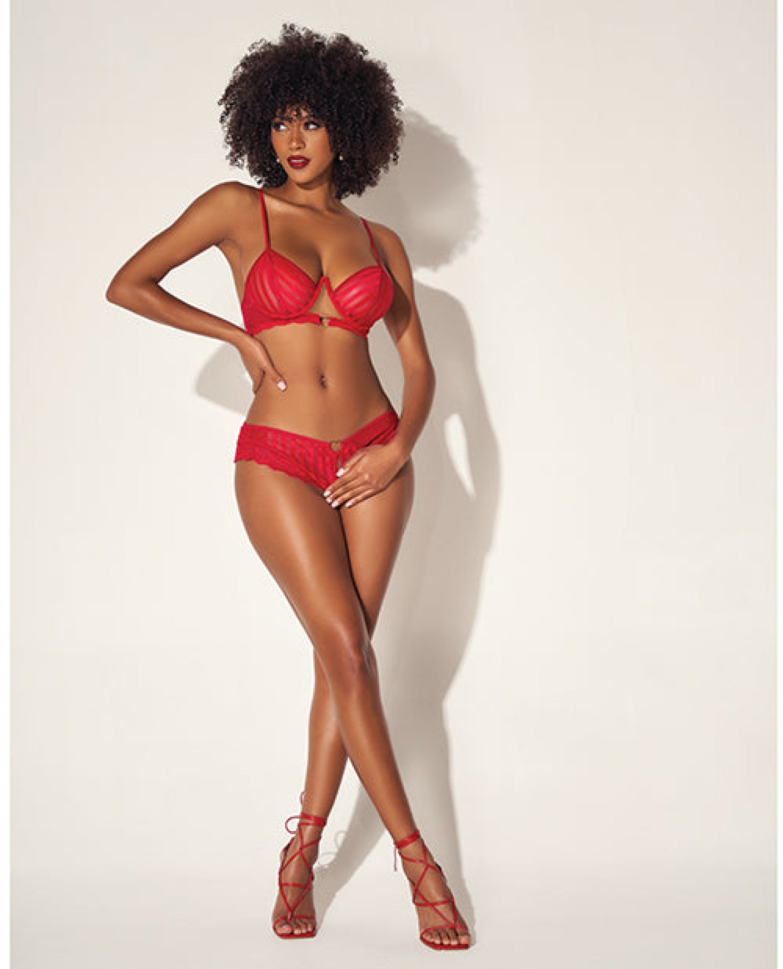 Shadow Stripe Underwire Top W/heart Detail & Crotchless Bottom Red Mapale
