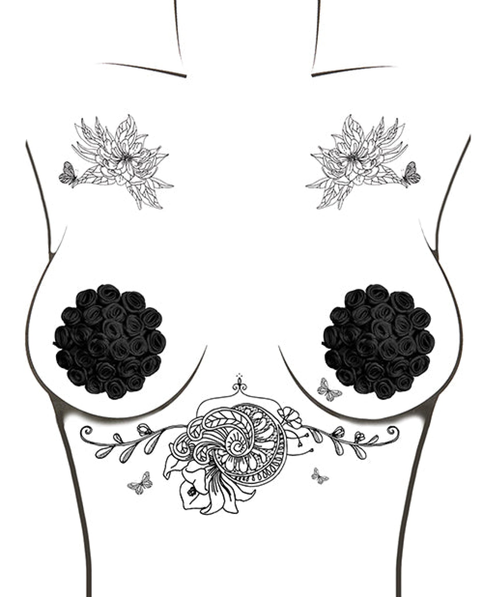 Neva Nude Burlesque Nightfall Roses Reusable Silicone Pasties - Black O-s Neva Nude