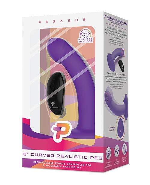 Pegasus 6" Rechargeable Curved Peg W-adjustable Harness & Remote Set - Purple Pegasus