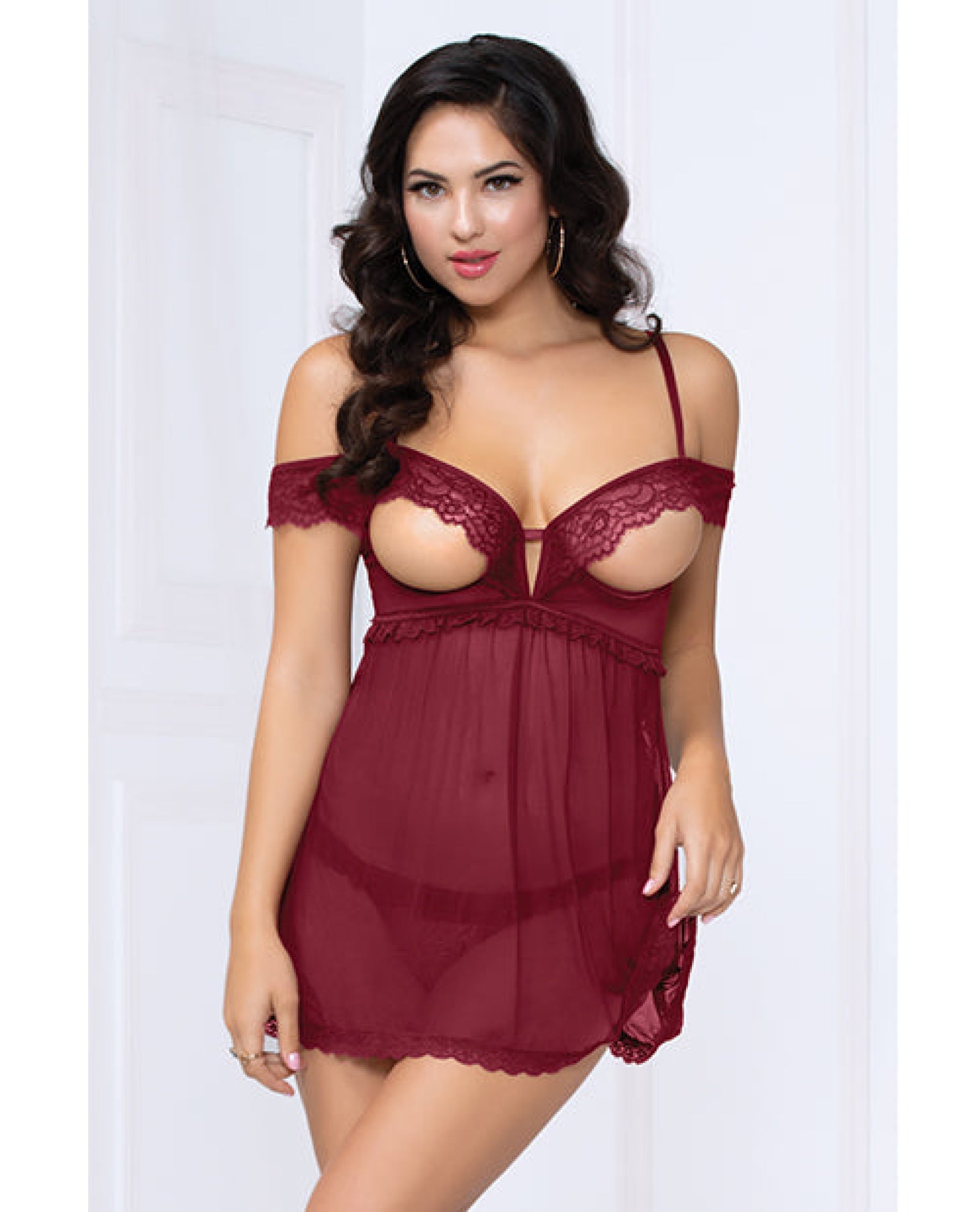 Lace and Mesh Open Cups Babydoll With fly Away Back and Panty Wine Seven 'til Midnight Costume