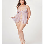 Sheer Mesh & Lace Demi Cup Babydoll & Thong Lavender Seven 'til Midnight Costume