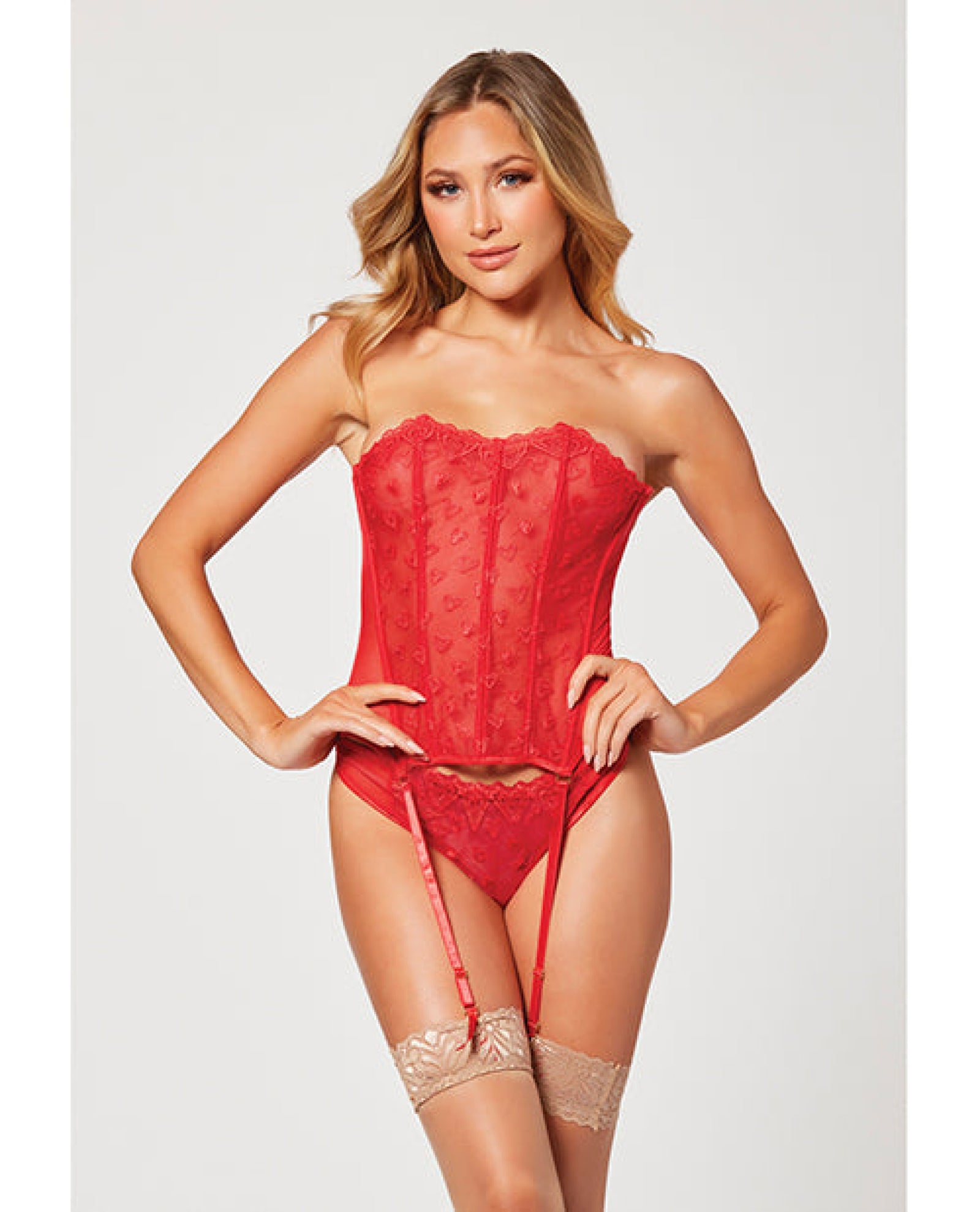 Valentines Heart Embroidered Mesh Bustier & Panty Red Seven 'til Midnight Costume