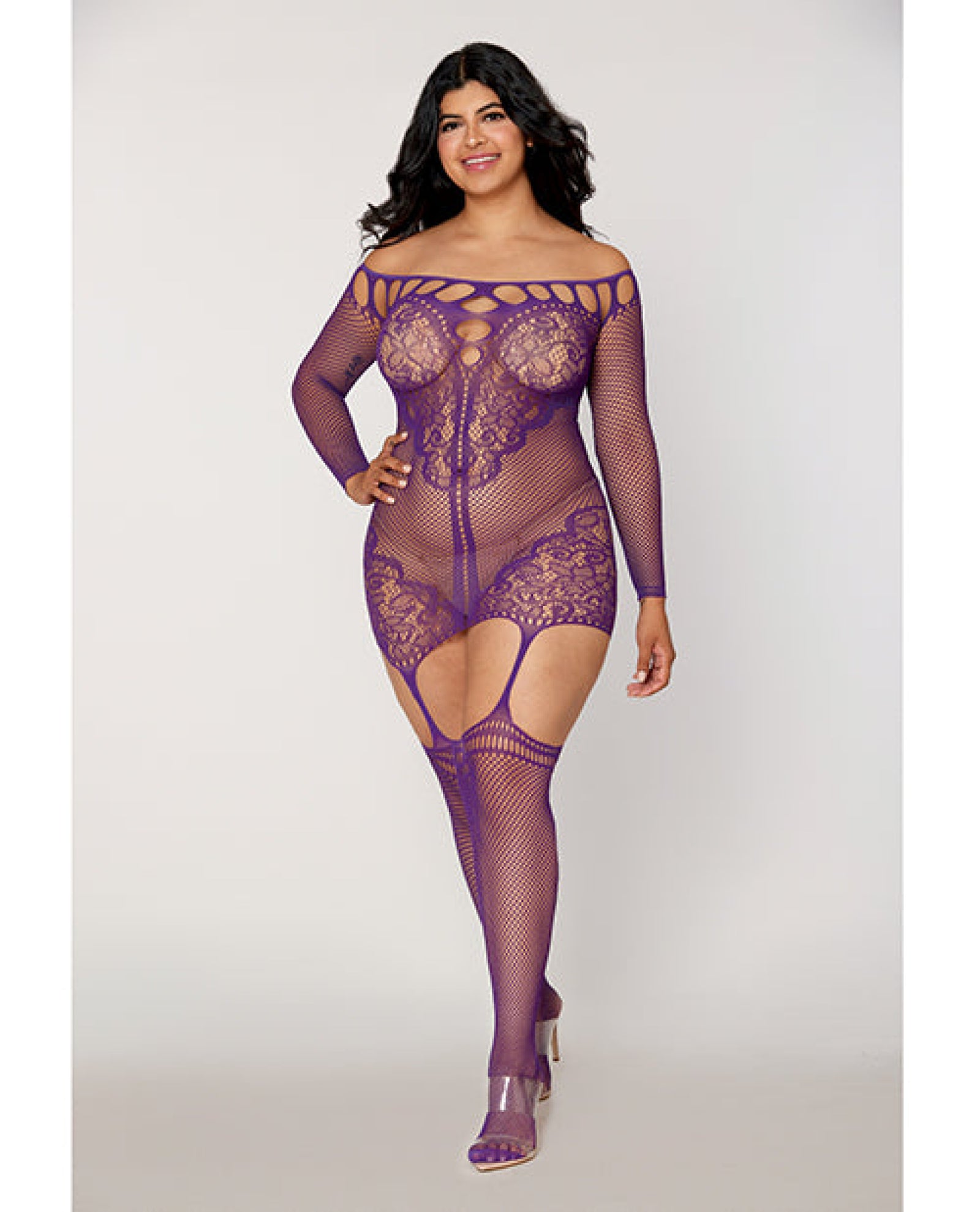 Scalloped Lace and Fishnet Garter Dress w/Attached Stockings - Purple QN Dreamgirl International