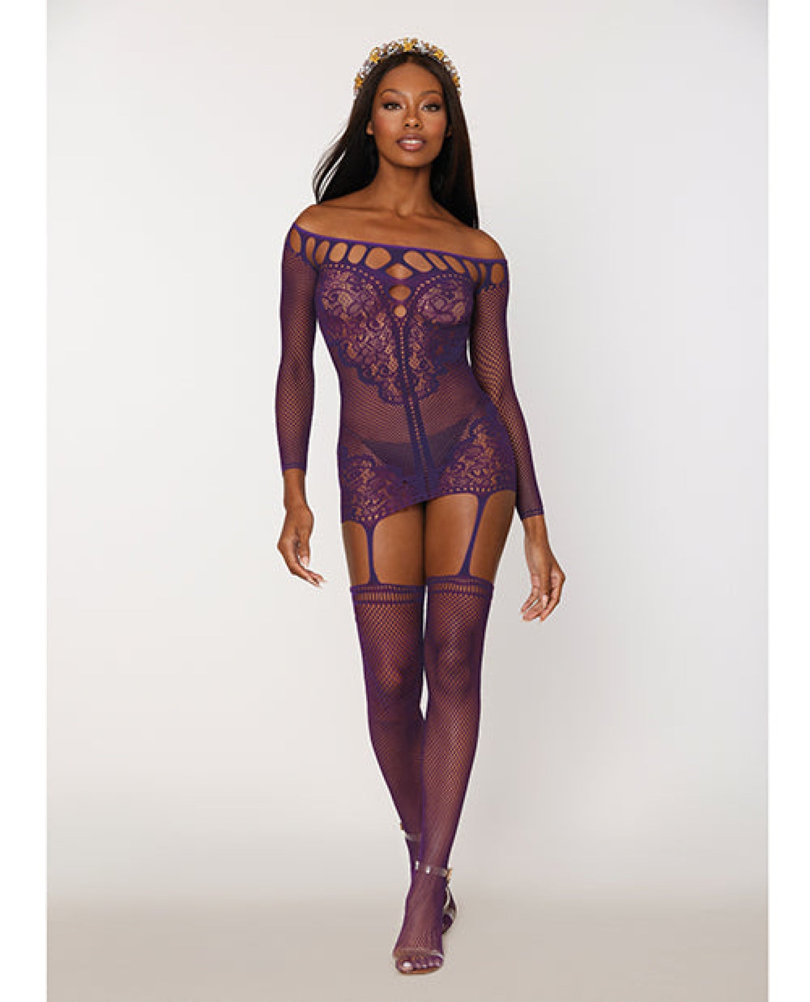 Scalloped Lace and Fishnet Garter Dress w/Attached Stockings - Purple O/S Dreamgirl International