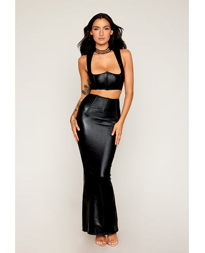 Stretch Faux Leather Harness Bra & Long Slip Skirt - Black Dreamgirl International