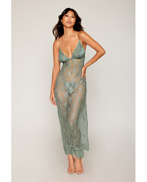 Eyelash Lace & Satin Long Chemise w/G-String - Sage Green Dreamgirl International