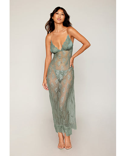 Eyelash Lace & Satin Long Chemise w/G-String - Sage Green Dreamgirl International