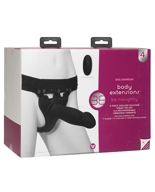 Body Extensions Be Naughty Vibrating 4 Piece Strap On Set - Black Doc Johnson strap ons