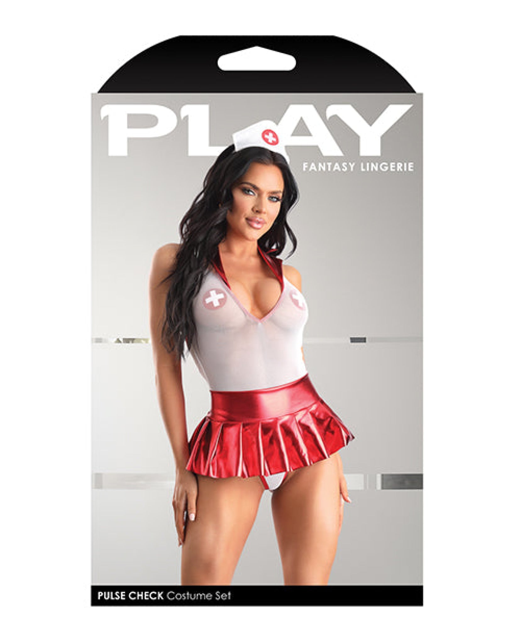 Play Pulse Check Collared Teddy W/open Back, Pleated Skirt, Medic Hat & Pasties Red/white Fantasy Lingerie