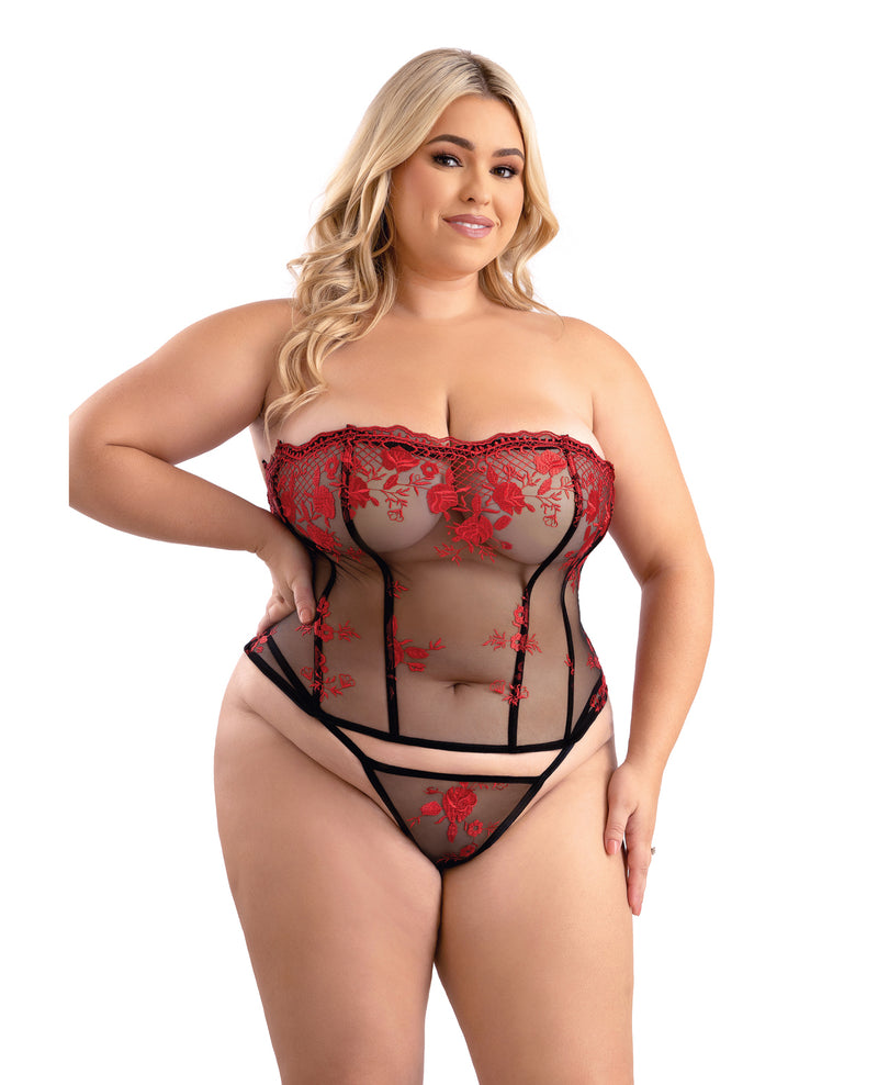 Floral Embroidered Mesh Corset w/G-String - Red/Black Fantasy Lingerie lingerie - hanging