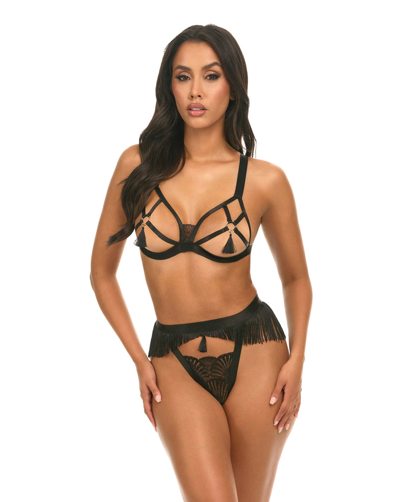 Annika Open Cup 2 pc Set w/Fringe and Tassel Detail - Black Oh La La Cheri lingerie - hanging