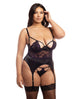 Demi Padded Shelf Cup Merrywidow W/overlay Lace & Panty Black/heliotrope Oh La La Cheri