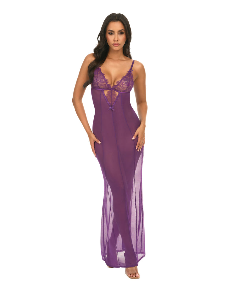 Katana Mesh & Eyelash Lace Gown - Purple Oh La La Cheri lingerie - hanging