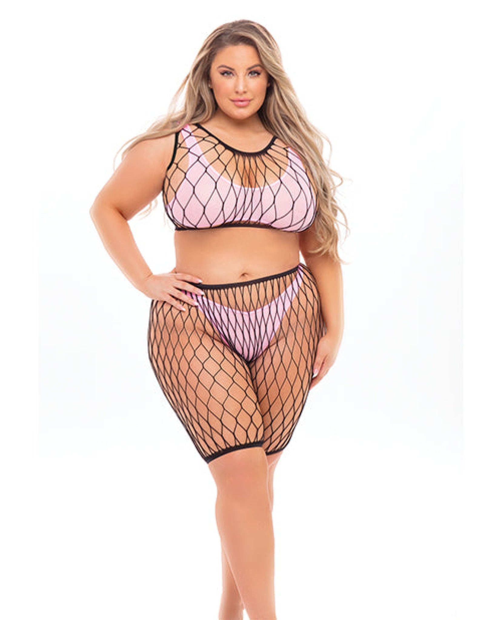 Pink Lipstick Brace For Impact Large Fishnet Top, Shorts, Bra & Thong (fits Up To 3x) Pink Qn Rene Rofe