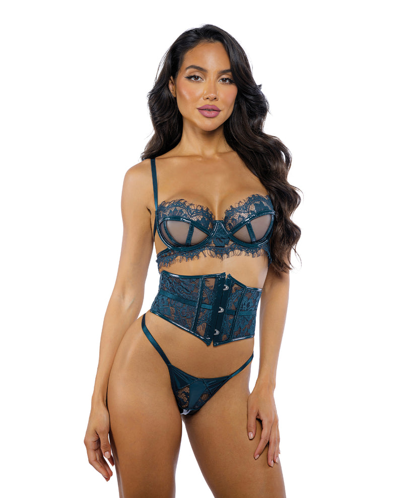 Eden Scalloped Eyelash Lace & Wet Look Waspie 3 pc Set - Teal Roma Costume INC lingerie - hanging