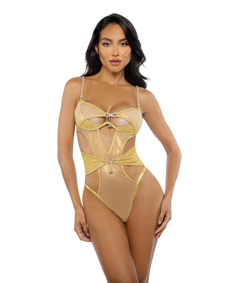Gilded Beauty Metallic Shimmer Mesh Teddy w/Rhinestone Accents - Gold Roma Costume INC lingerie - hanging