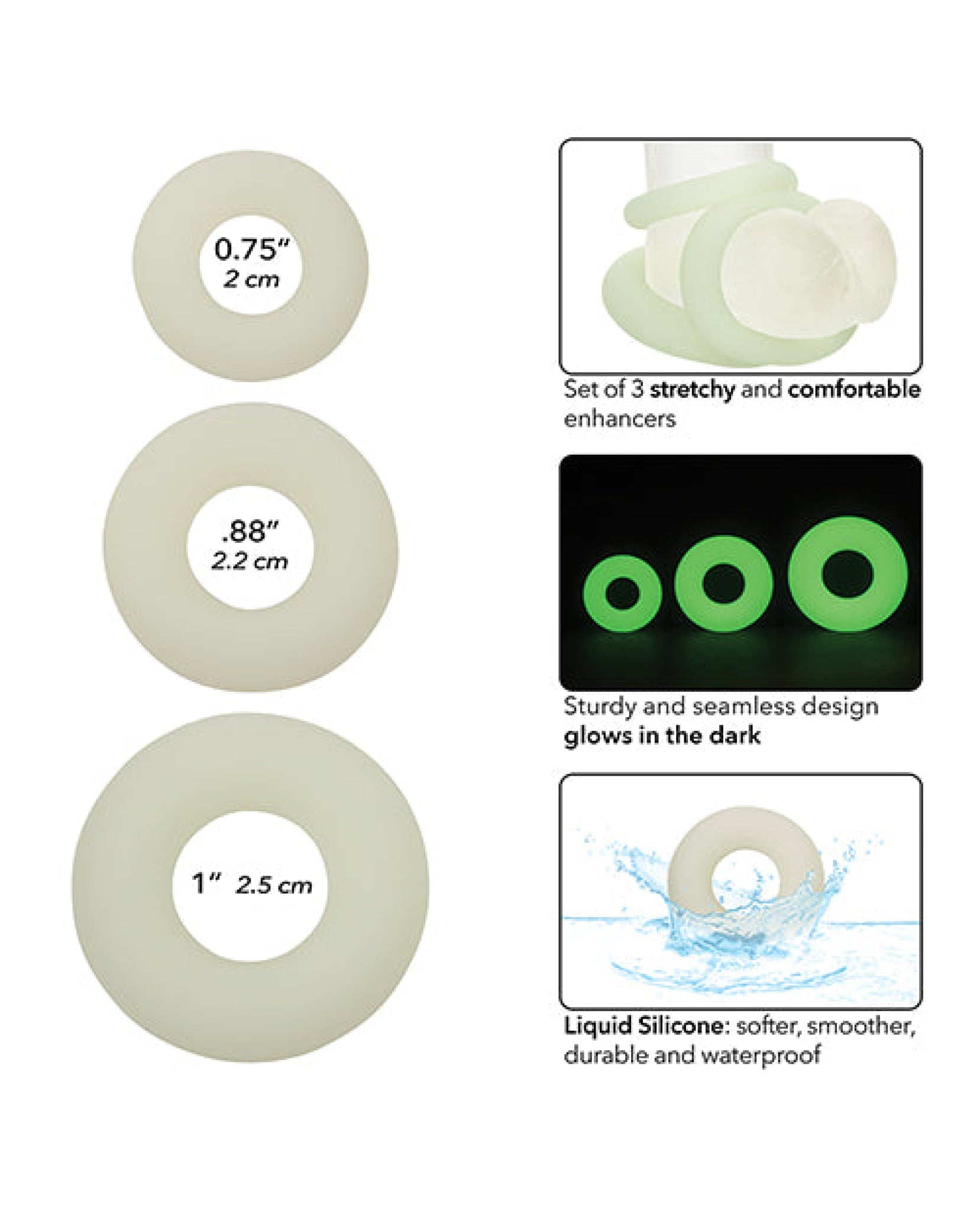 Alpha Liquid Silicone Glow in the Dark Cock Ring - Set of 3 California Exotic Novelties
