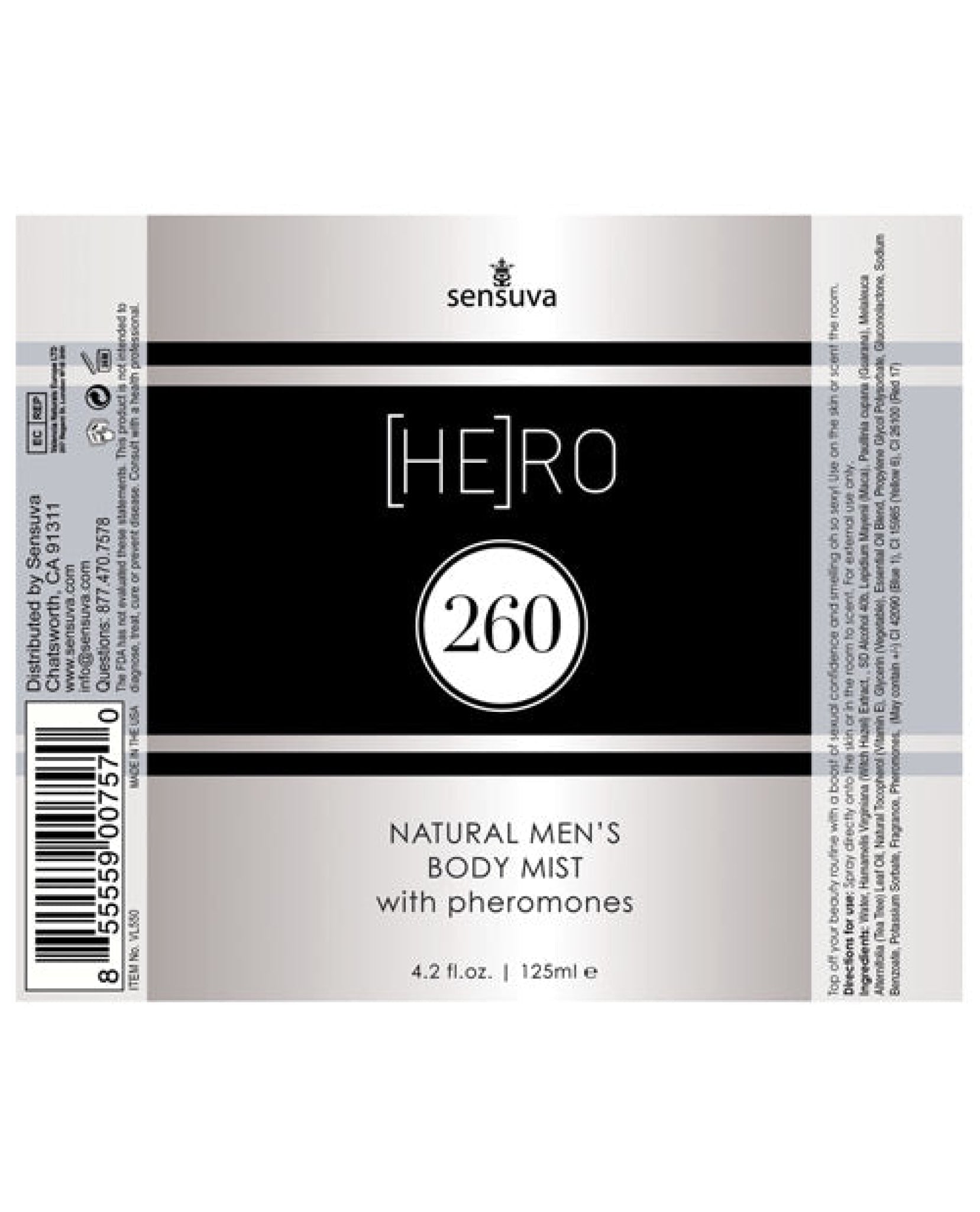 Sensuva Hero 260 Male Body Mist - 4.2 oz Sensuva Valencia Naturals