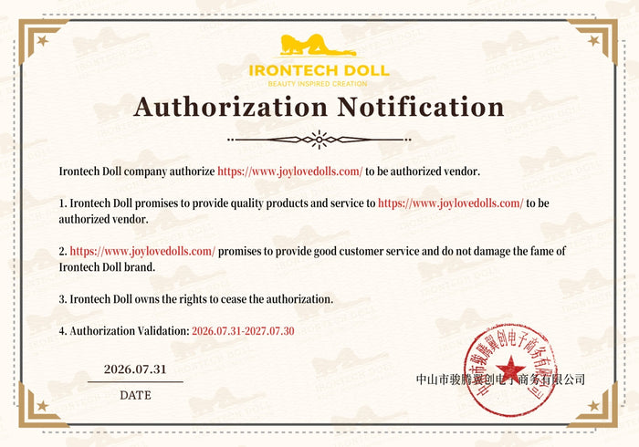 Irontech Doll® authorization certificate - Joy Love Dolls