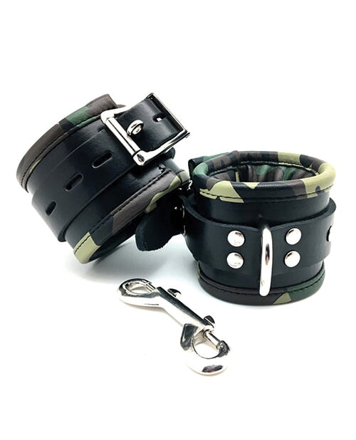 Sensual Sin Leather Padded Wrist Cuffs - Camo Piping Atlantas Products Ltd Uk