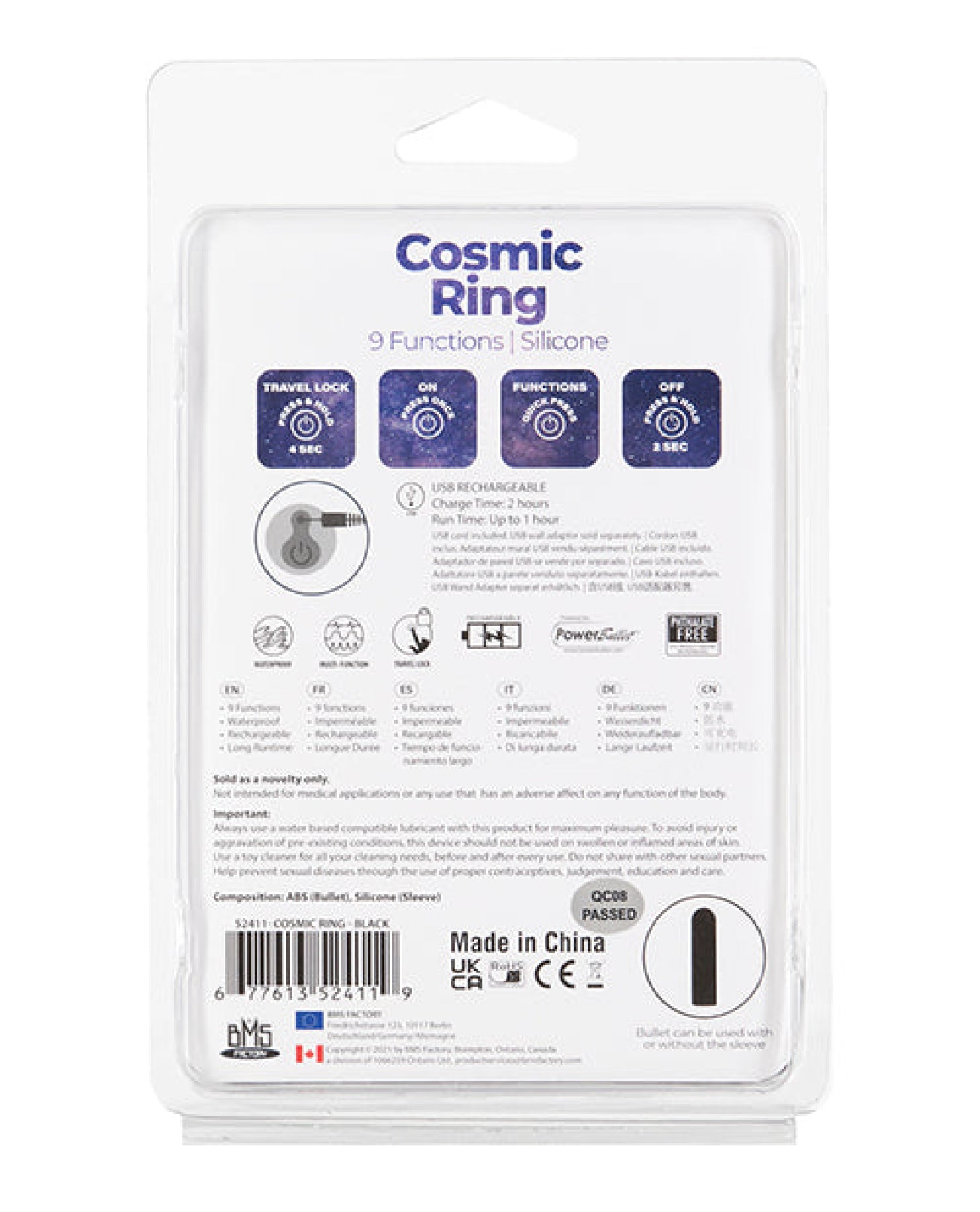 Cosmic Cock Ring W-rechargeable Bullet - 9 Functions Black BMS