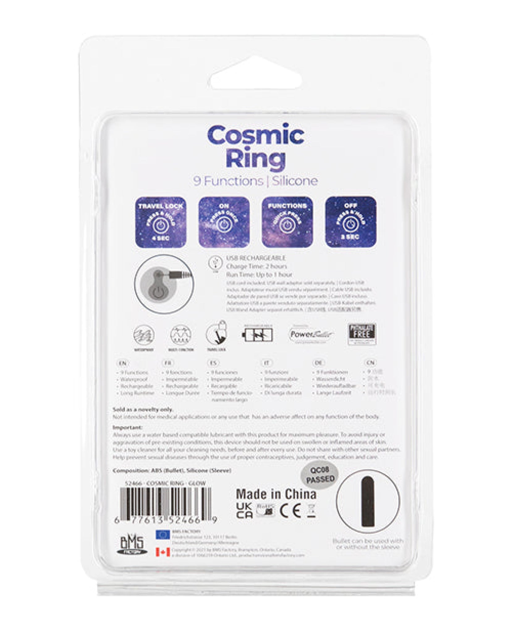 Cosmic Cock Ring W-rechargeable Bullet - 9 Functions Glow In The Dark BMS