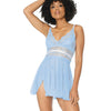 Scallop Stretch Lace & Mesh Babydoll & Thong Light Blue/white Coquette