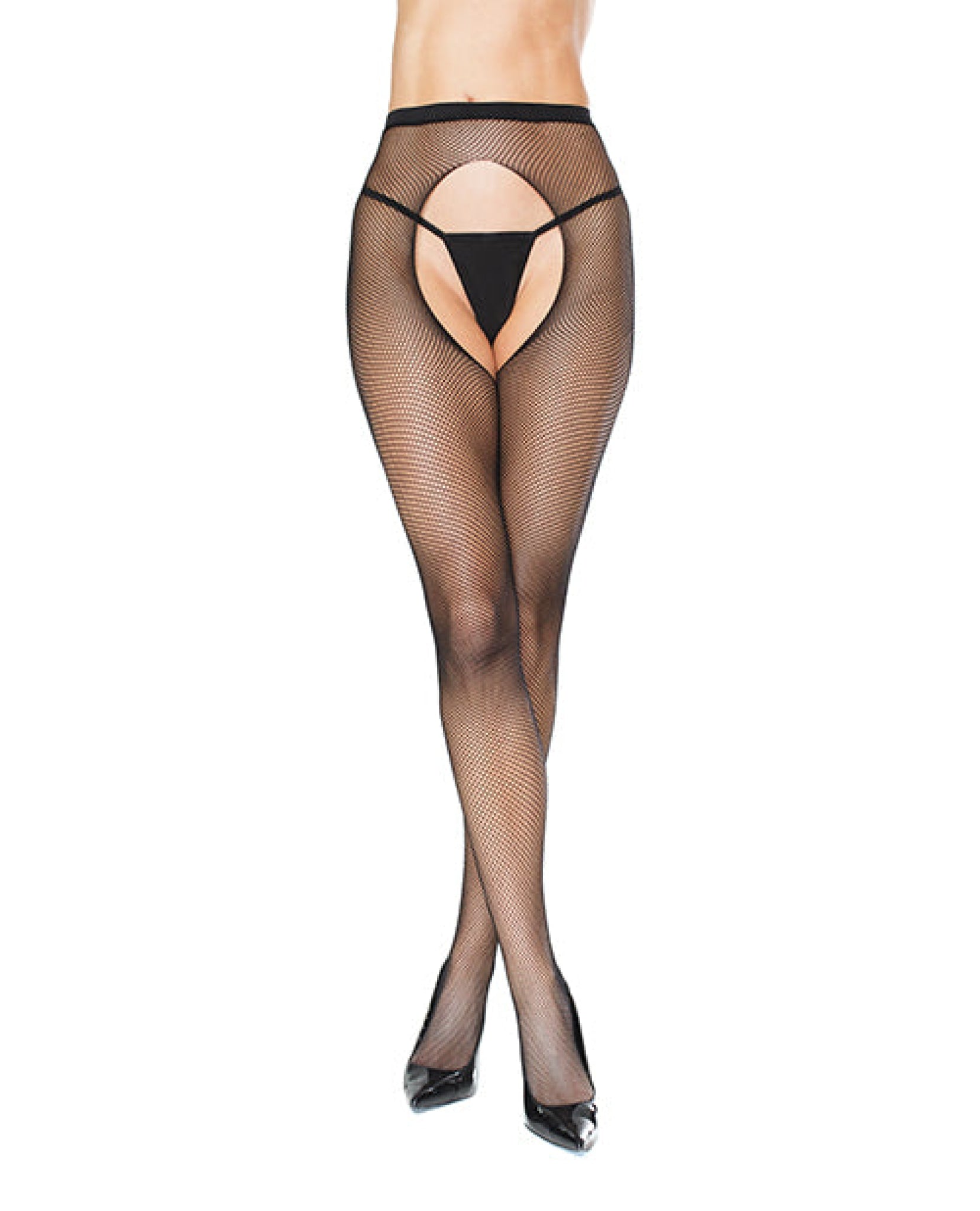 Fishnet Natural Waist Crotchless Pantyhose Black O-s Coquette