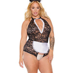 Scallop Stretch Lace Crotchless Maid Teddy W/headpiece Black/white Os/xl Coquette