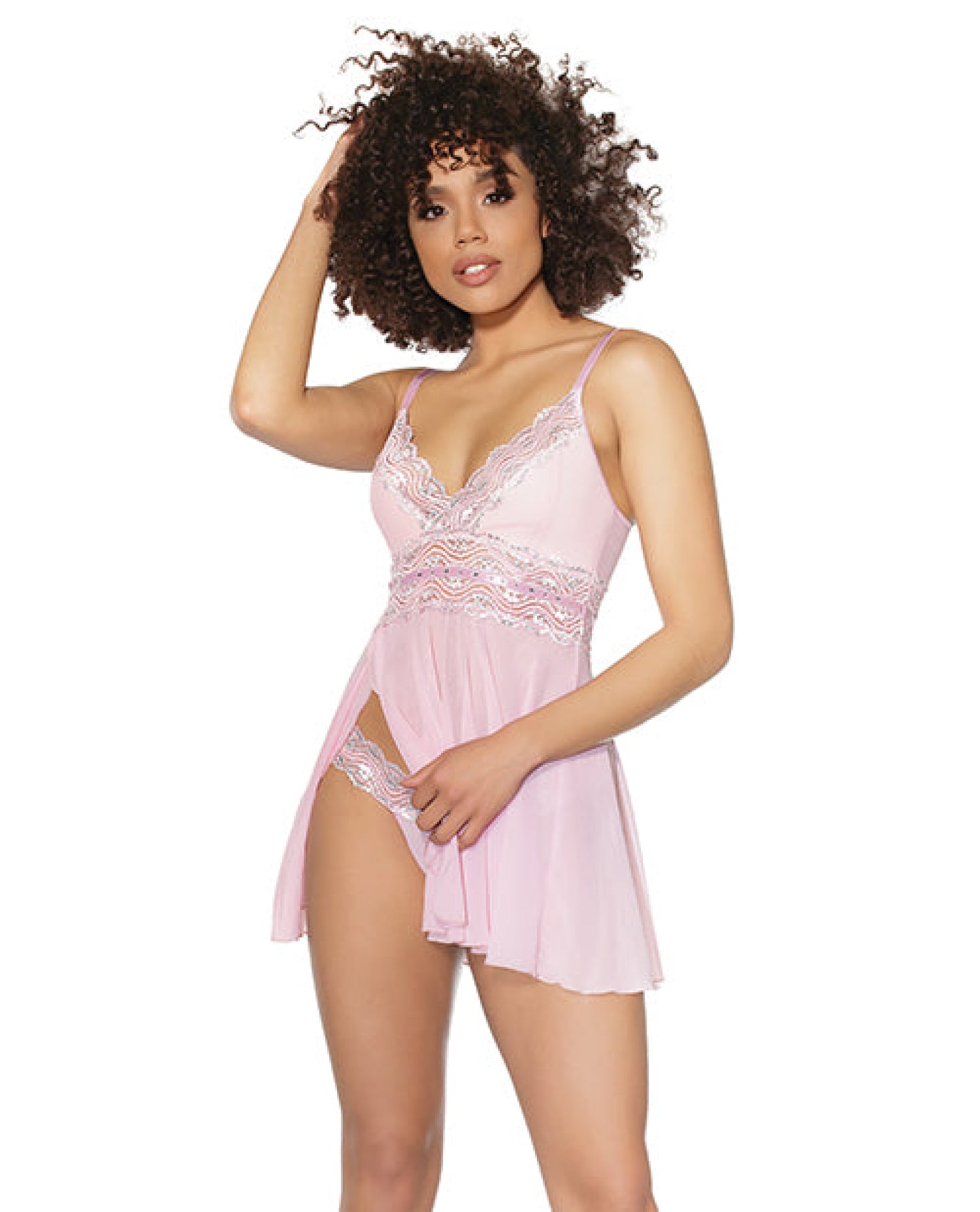 Crystal Pink Babydoll W/lightly Padded Cups & Thong Pink/silver Coquette