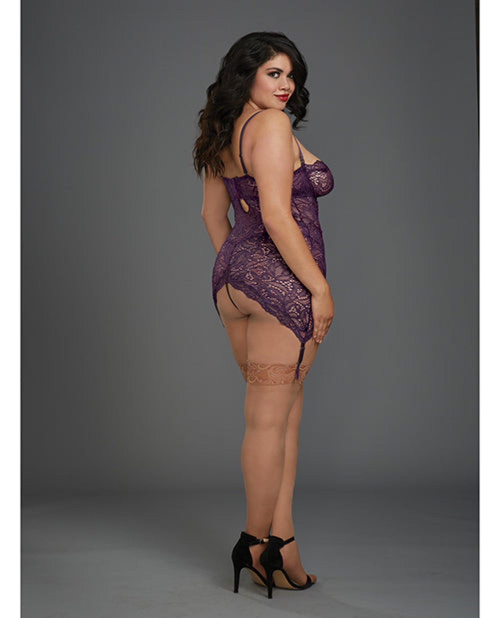 Stretch Lace Garter Slip W/removable Straps & Attached Side Garters & G-string Plum Dreamgirl