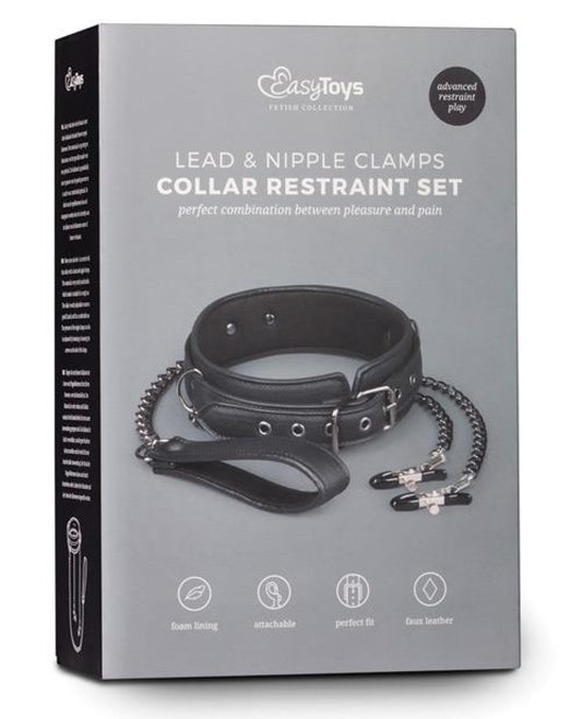 Easy Toys Faux Leather Collar W-nipple Chains - Black Easy Toys 1657