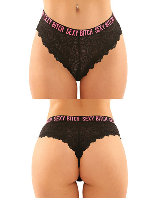 Vibes Buddy Sexy Bitch Lace Panty & Micro Thong Black/pnk Fantasy Lingerie 1657