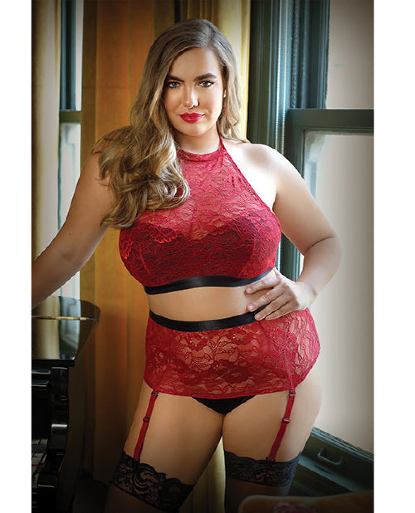 Curve Aria Lace Halter Top & High Waist Panty Red Fantasy Lingerie